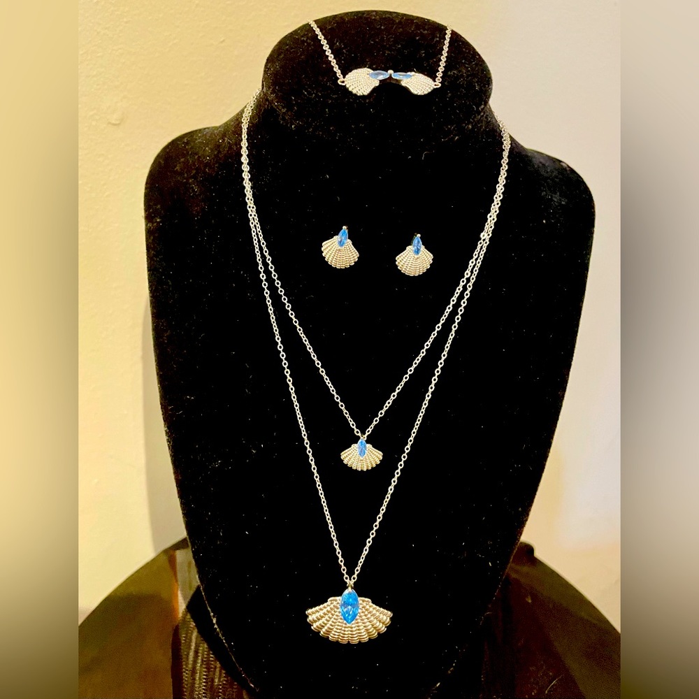 “Day At The Beach” Gold Plated w Blue CZ Shell Necklaces, Earrings, Bracelet NWT